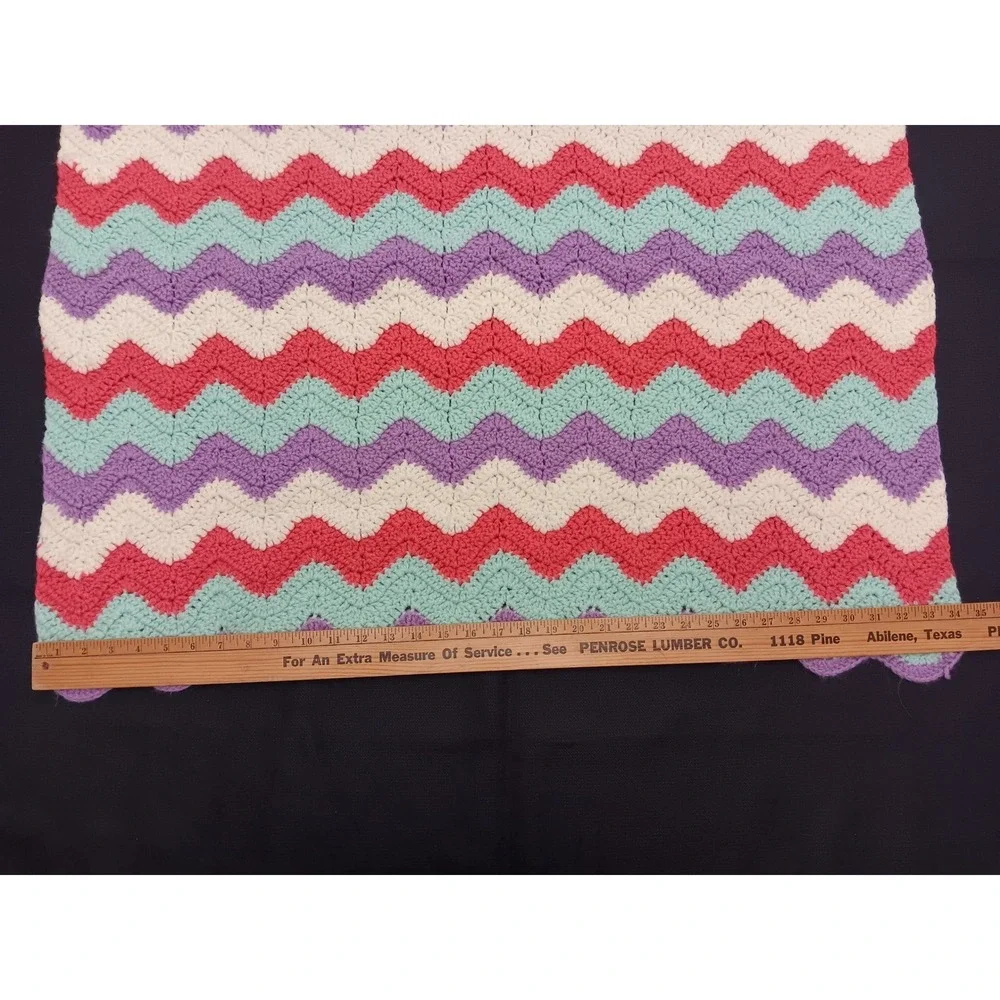 Handmade Crochet Chevron Baby Blanket Purple Teal Pink White Ripple Afghan 35x36